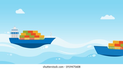 Two cargo sea ships with cargo are sailing on sea. Cargo delivery. Sea transportation logistic. Vector flat illustration on blue background.