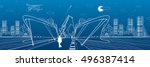 Two cargo ships loading, boats on the water, sea harbor, airplane fly, transportation illustration, people people go on the pier, vector design art