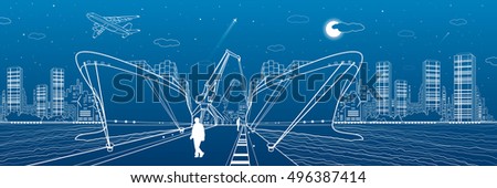 Two cargo ships loading, boats on the water, sea harbor, airplane fly, transportation illustration, people people go on the pier, vector design art