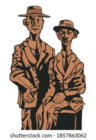 Two caricature retro gentlemen in hats. Hand drawn sketch style. Vector illustration