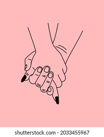 Two caring hands. Cartoon romantic touch of palms of lovers, symbol of family protection, vector illustration concept of togetherness and safety isolated on pink background