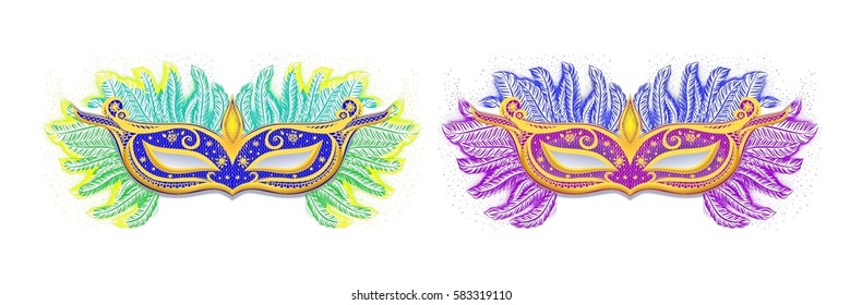 Two carnival mask on the white background. Vector isolated illustration. Mardi Gras.