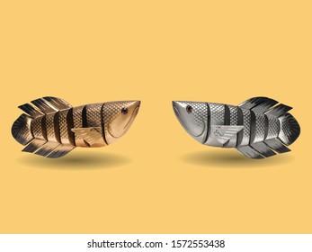 Two carp gray and gold on a creamy background