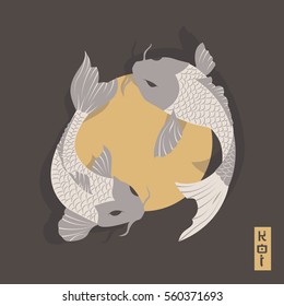 Two carp koi fish swimming around Sun, traditional Japanese style, vector illustration