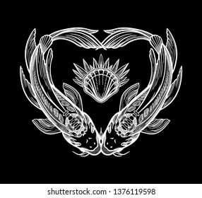 Two carps in the shape of a heart, symbol of harmony. Vector illustration isolated. Spiritual art for tattoo.