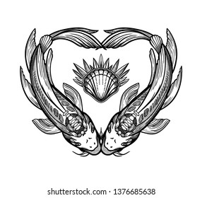 Two carps in the shape of a heart, symbol of harmony. Vector illustration isolated. Spiritual art for tattoo.