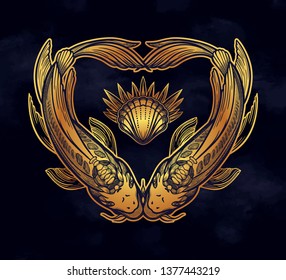 Two carps in the shape of a heart, symbol of harmony. Vector illustration isolated. Spiritual art for tattoo.