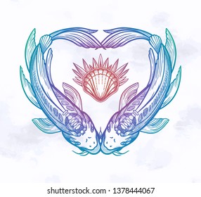 Two carps in the shape of a heart, symbol of harmony. Vector illustration isolated. Spiritual art for tattoo.