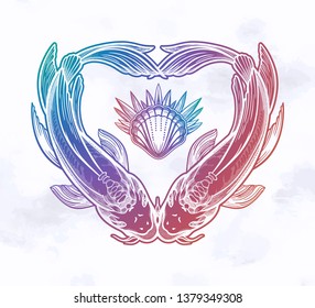 Two carps in the shape of a heart, symbol of harmony. Vector illustration isolated. Spiritual art for tattoo.