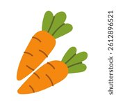Two carrots with green leaves on top. The image has a cartoonish feel to it