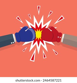 Two carrtoon businessman hands boxing in gloves, fighing business, vector illustration in flat design on red background