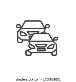 Icono de la línea de accidente de dos coches. signo de estilo lineal para concepto móvil y diseño web. Icono de vector de contorno de choque de coche. Símbolo de seguro automovilístico, ilustración del logo. Gráficos vectoriales