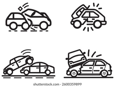 Two cars collide traffic accident black outline icon white background design.