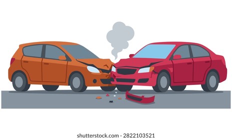 Two cars in collision aftermath. Broken parts and smoke indicate severe damage. Road safety illustration.