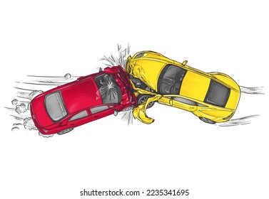 Two cars crash, crashing into each other's front hand drawn style vector illustration. Car crash banner.