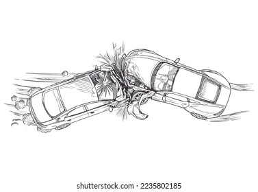 Two cars crash, crashing into each other's front line art style vector illustration. Car crash banner. - Shutterstock ID 2235802185