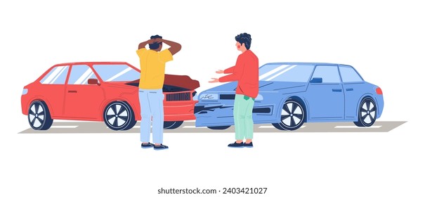 Two cars crash road accident vector illustration. Male frustrated drivers looking at damaged transport smashed vehicles trying to solve problem