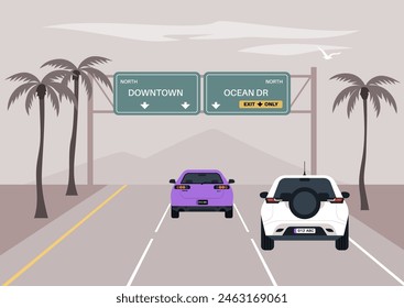 Two cars cruise under palm trees on a freeway, with directional signs pointing towards Downtown and Ocean Drive,The morning ambiance is calm with a soft sky and distant mountains