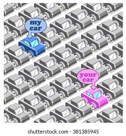 Two cars in different colors standing out in a full parking lot with monotone gray cars (isometric view)