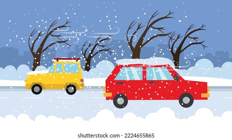 Two cars are driving down the road in a snowstorm