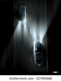 Two Cars Driving On A Dark Night Road. High Quality Vector Illustration.  Each Car  Is In Different Group So Its Easy To Move Up Or Down.