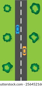 Two Cars Driving on Long Road Top View. City traffic and means of transportation concept vector art