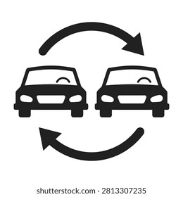 Two cars facing each other in a circular motion on a road, symbolizing exchange or swap