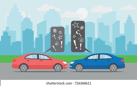 Two cars facing each other with angry bubbles on the city road with city background. Angry drivers at city. Flat design. Vector illustration. Available EPS File. 