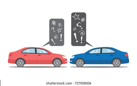 Two cars facing each other with angry bubbles. Isolated background. Available EPS file.