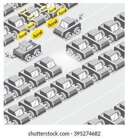 Two Cars Honking, Fighting For The Last Free Space On An Otherwise Full Parking Lot (isometric View)