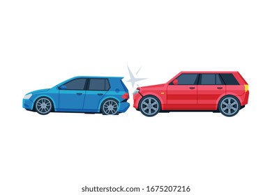 Two Cars Involved in Car Wreck, Auto Accident Flat Vector Illustration