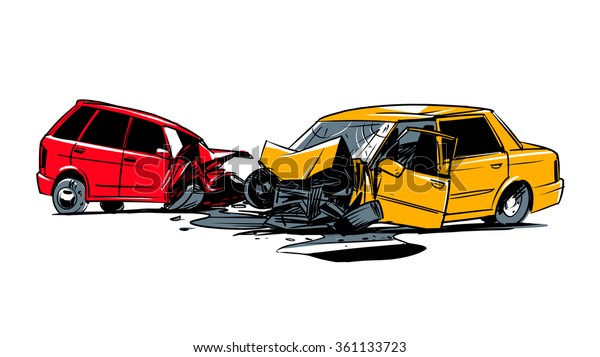 two cars involved in a car wreck.\
comic style illustration isolated on a white\
background