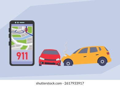 two cars involved in a front-end collision, next to a smartphone displaying a map with a location pin and the number 911
