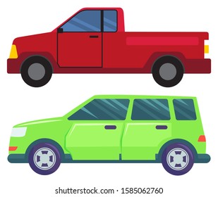 Two cars isolated on white background. Green large minivan or multi purpose vehicle. Red american pickup with big boot. Auto to drive and get your destination quickly. Vector illustration flat style