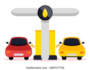 Two cars stopped to refuel near petrol gas station. 
Modern flat style vector illustrations icons. Isolated on white background. Refueling car at gas station concept. Energy. Fuel petrol station.