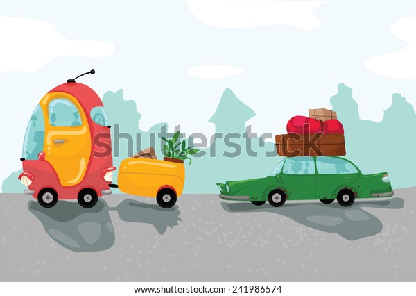 Two cars travels with a lot of luggage.\
Hand drawn cartoon\
illustration.