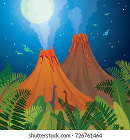 Two cartoon active volcanoes, green ferns and silhouette of dinosaurs on a night blue starry sky with full moon. Prehistoric landscape. Nature vector illustration with extinct animals.