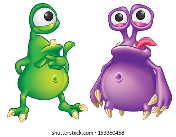 Two cartoon alien creatures isolated on white background. Green and purple,