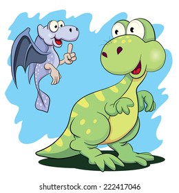 Two cartoon amusing little dinosaurs.