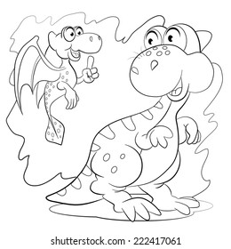 Two cartoon amusing little dinosaurs. Coloring book.