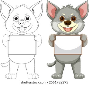 Two cartoon animals with blank signs, smiling happily