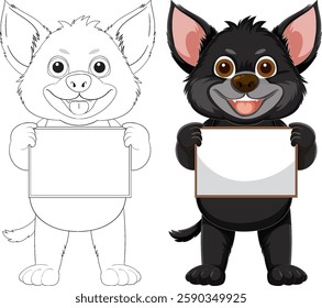 Two cartoon animals with blank signs, smiling happily