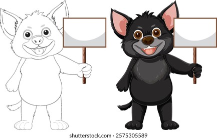 Two cartoon animals holding blank signs, smiling happily