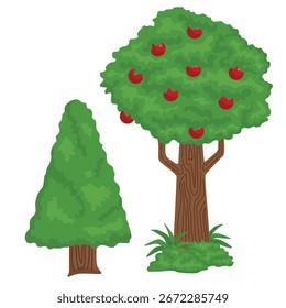 Dos árboles de manzana de dibujos animados y árbol verde