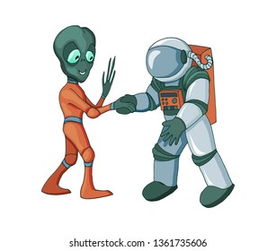 Two cartoon astronaut alien meeting and handshake in space. Modern flat vector element isolated on white background. Useful for website promotion logo and mobile game development advertise