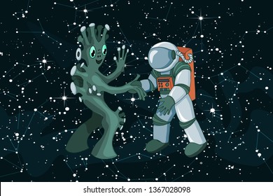 Two cartoon astronaut alien meeting and handshake in space. Modern flat vector element isolated on dark starfield background. Useful for website promotion logo and mobile game development advertise