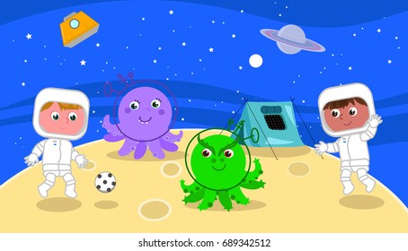 Two cartoon astronauts playing a soccer match on the moon, vector illustration