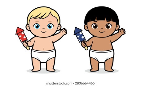 Two cartoon babies holding fireworks, smiling