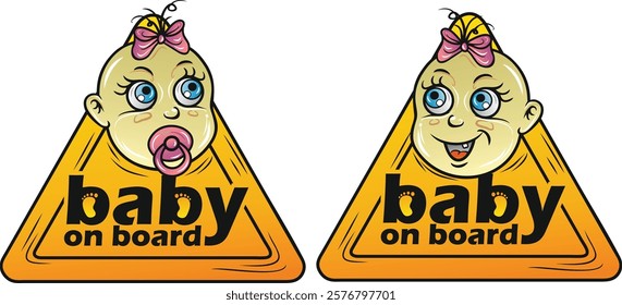 Two cartoon baby signs with pacifier and bow, conveying safety message.