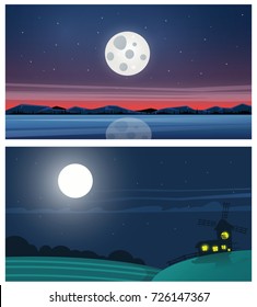 Two cartoon backgrounds with night rural landscapes. One with lake and big moon in starry night, other with windmill. Vetor